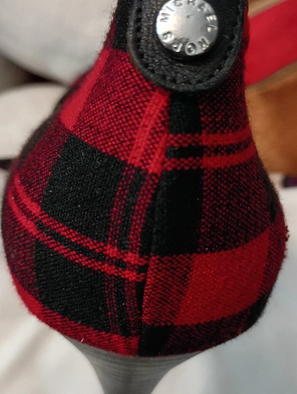 Michael Kors Red and Black Plaid Peep-Toe Heels
